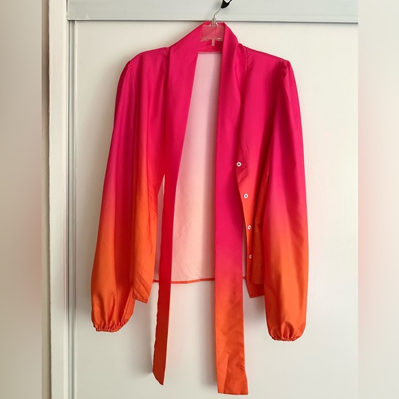 Women’s Sz L Pink/Orange Ombre Tie Neck Lantern Sleeve Blouse - Picture 3 of 4